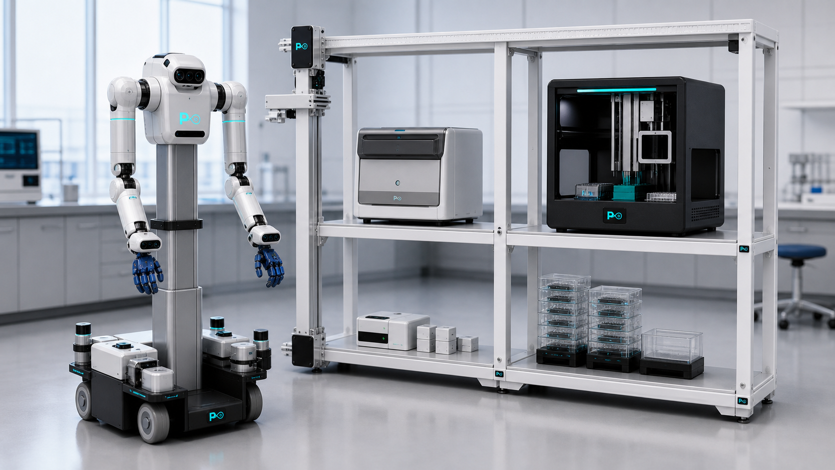 LabGrid开放式货架、侧置机械执行机构与LabMate具身机器人工程效果图